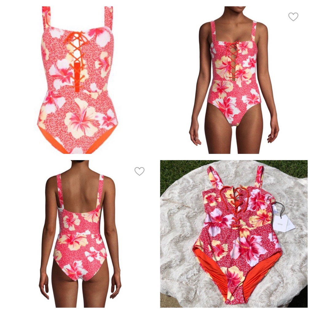 New Onia Floral One Piece Swimsuit Hibiscus Flowers Tie Front L